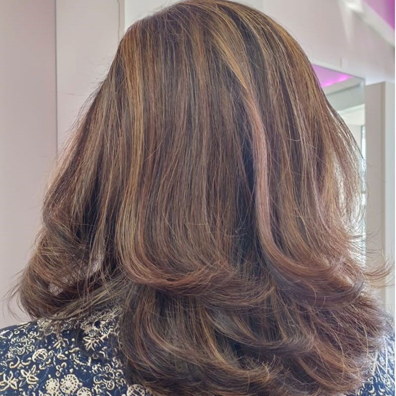 Layered haircut with highlights, seen from behind